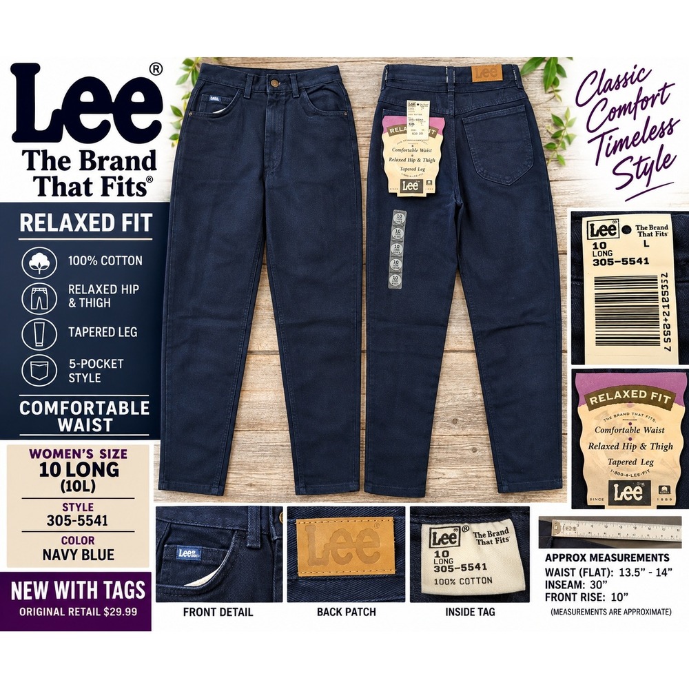 Lee Relaxed Fit Tapered Leg Jeans Navy Blue 10 Long 305-5541 Vintage NWT